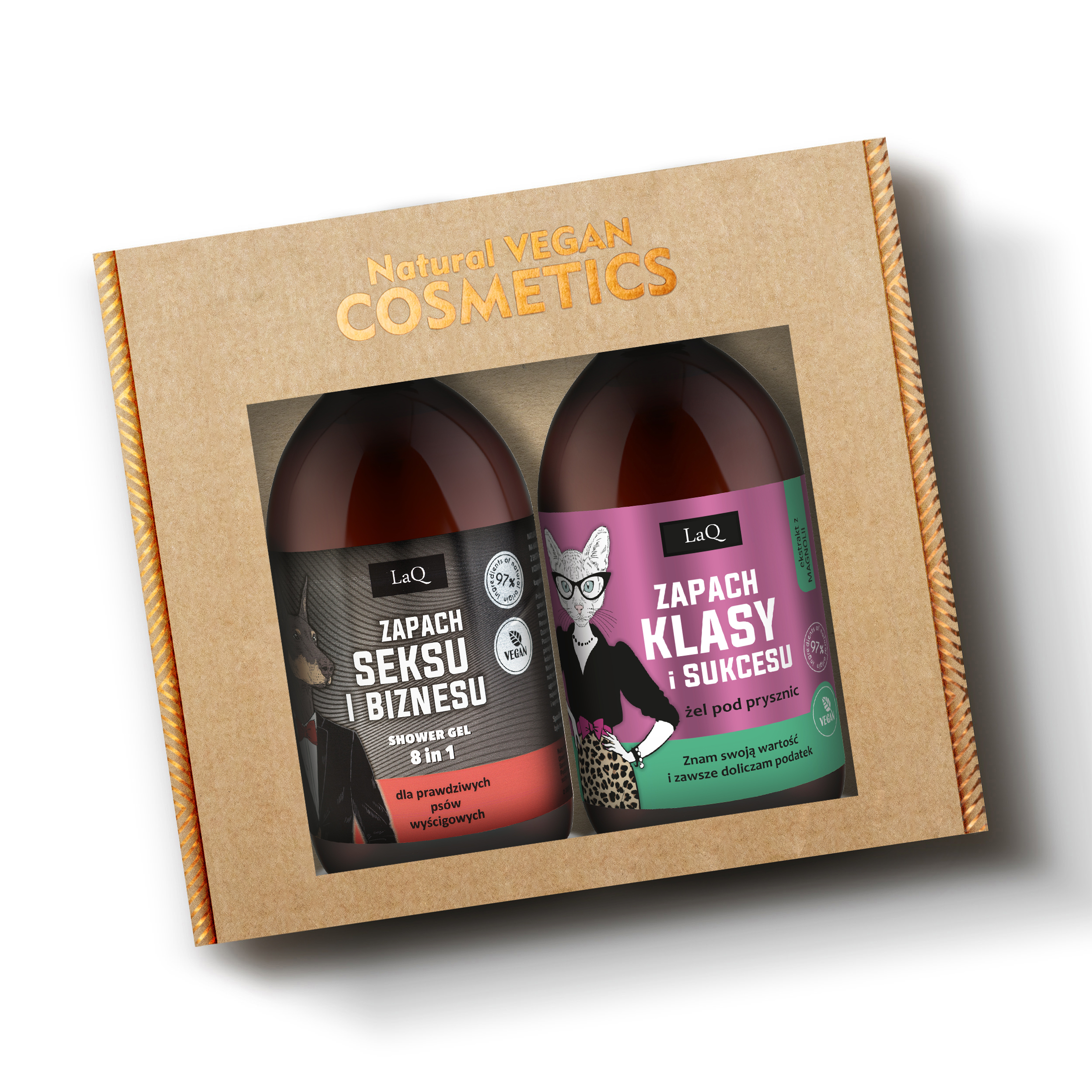 zestaw żeli pod prysznic dla niej i dla niego- żel Zapach Seksu i Biznesu 500 ml dla mężczyzn oraz Magnolia Klasa i Sukces 500 ml dla kobiet zapakowane w kartoniku prezentowym