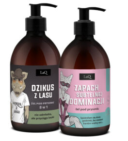 zestaw żeli pod prysznic dla niej i dla niego- żel Dzikus z Lasu 500 ml dla mężczyzn oraz Piwonia Zapach Subtelnej Dominacji 500 ml dla kobiet