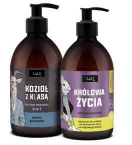 zestaw żeli pod prysznic dla niej i dla niego- żel Kozioł z Klasą 500 ml dla mężczyzn oraz Kiwi i Winogrona Królowa Życia 500 ml dla kobiet