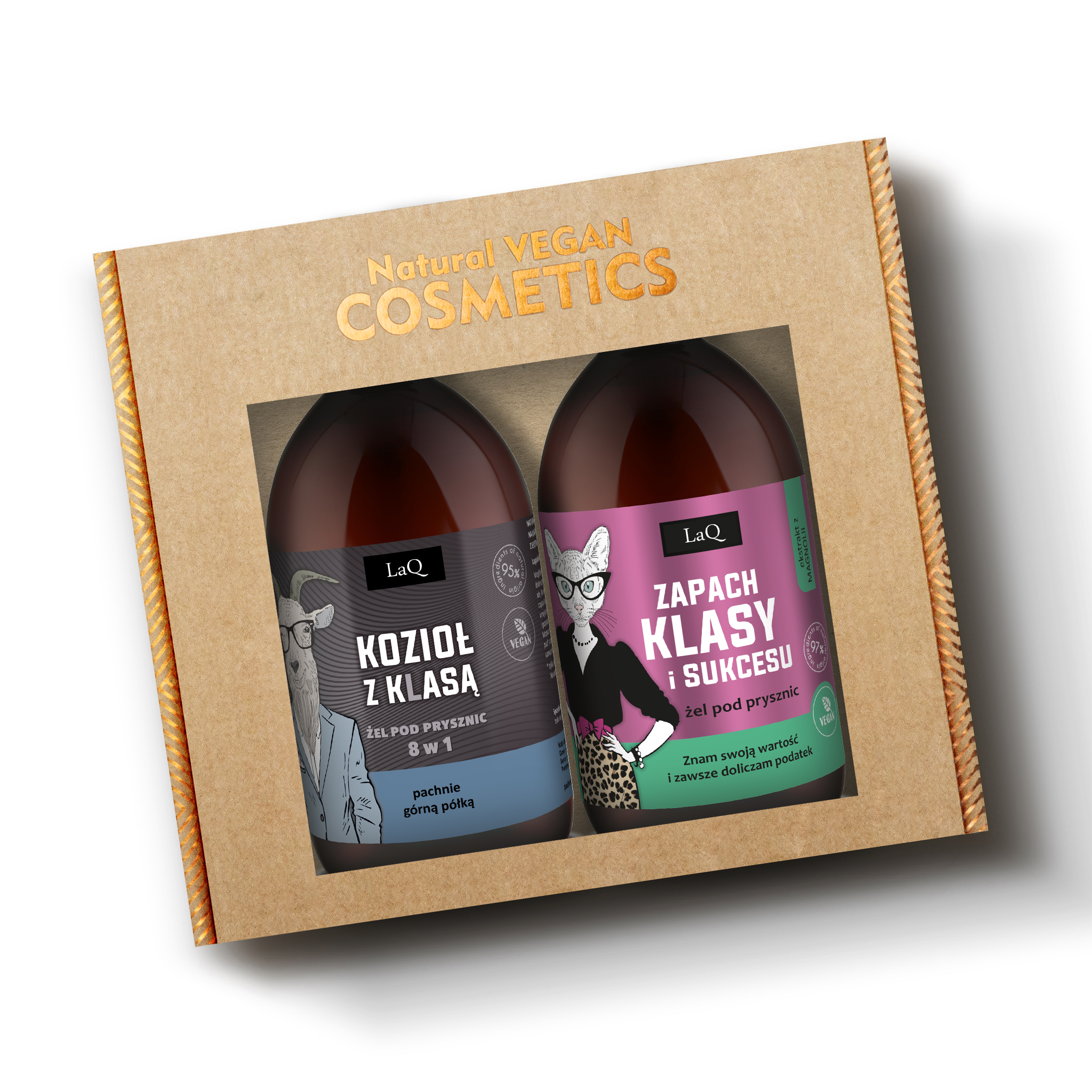 zestaw żeli pod prysznic dla niej i dla niego- żel Kozioł z Klasą 500 ml dla mężczyzn oraz Magnolia Klasa i Sukces 500 ml dla kobiet w kartoniku prezentowym na wkładce
