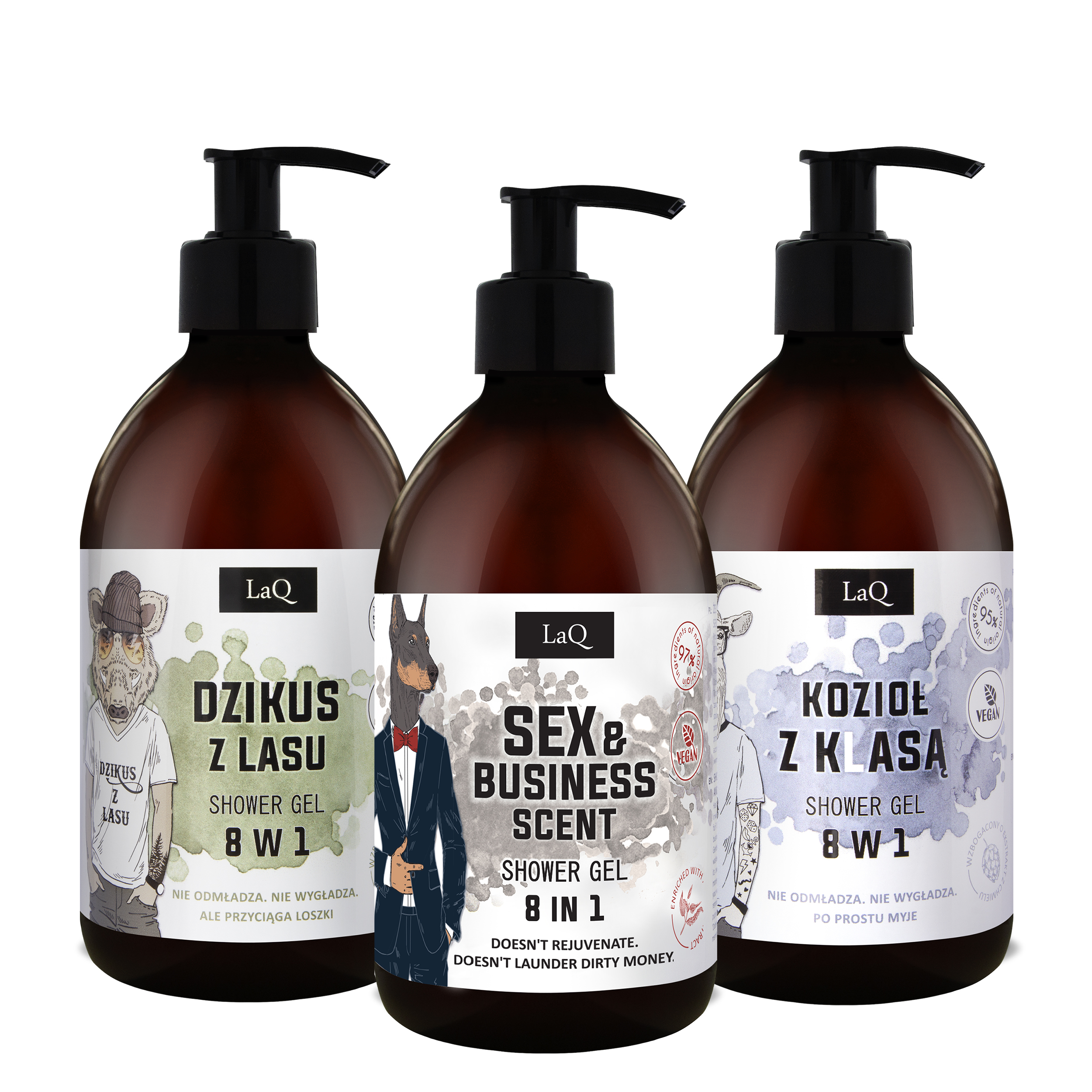 zestaw 3 x 500 ml żeli pod prysznic dla mężczyzn zawiera Dzikius z Lasu, Zapach Seksu i Biznesu oraz Kozioł z Klasą; żele są w butelkach z pompkami i mają białe etykiety