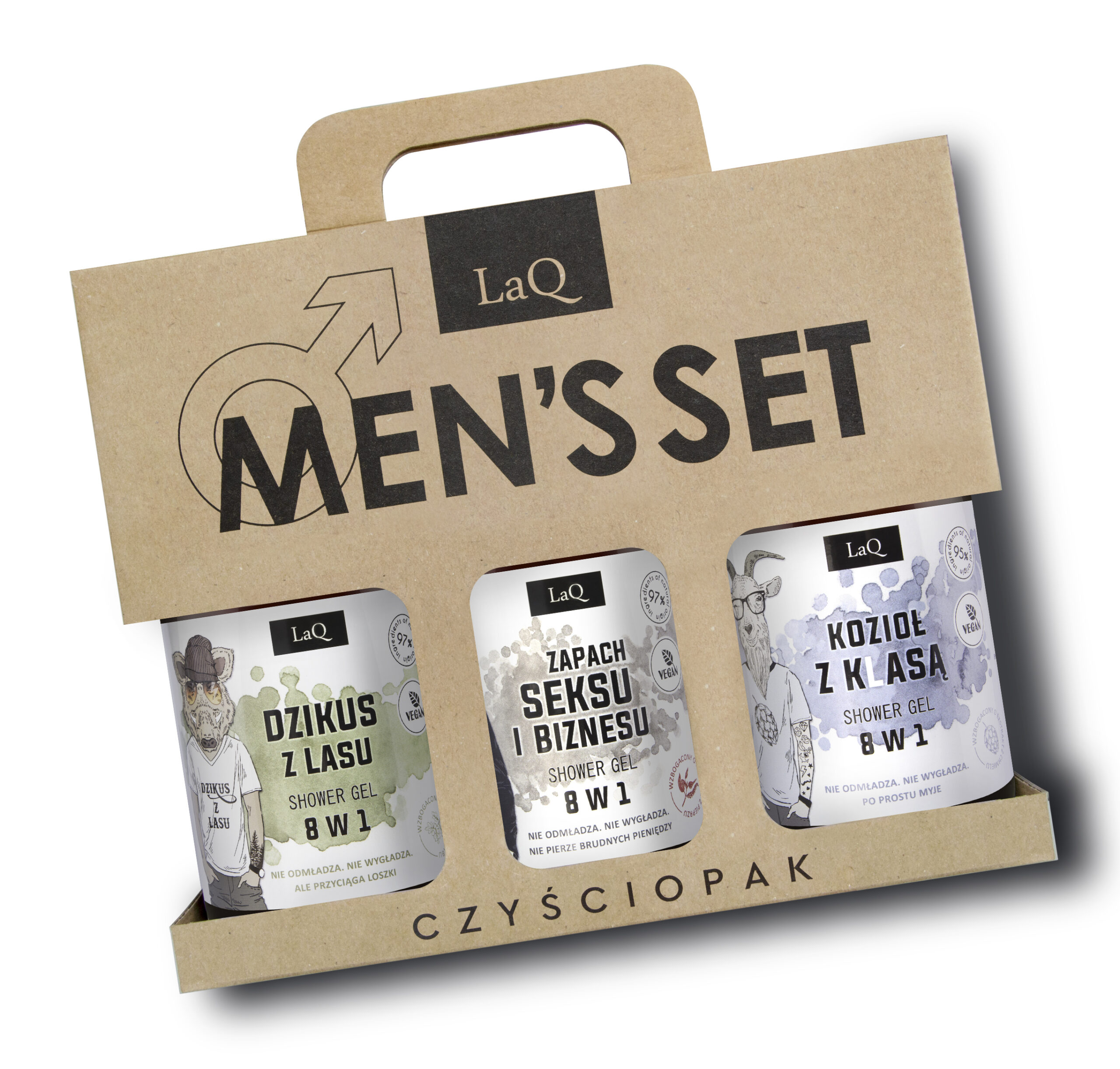zestaw 3 x 500 ml żeli pod prysznic dla mężczyzn zawiera Dzikius z Lasu, Zapach Seksu i Biznesu oraz Kozioł z Klasą; żele są w butelkach z pompkami i mają białe etykiety w kartoniku z uchwytem