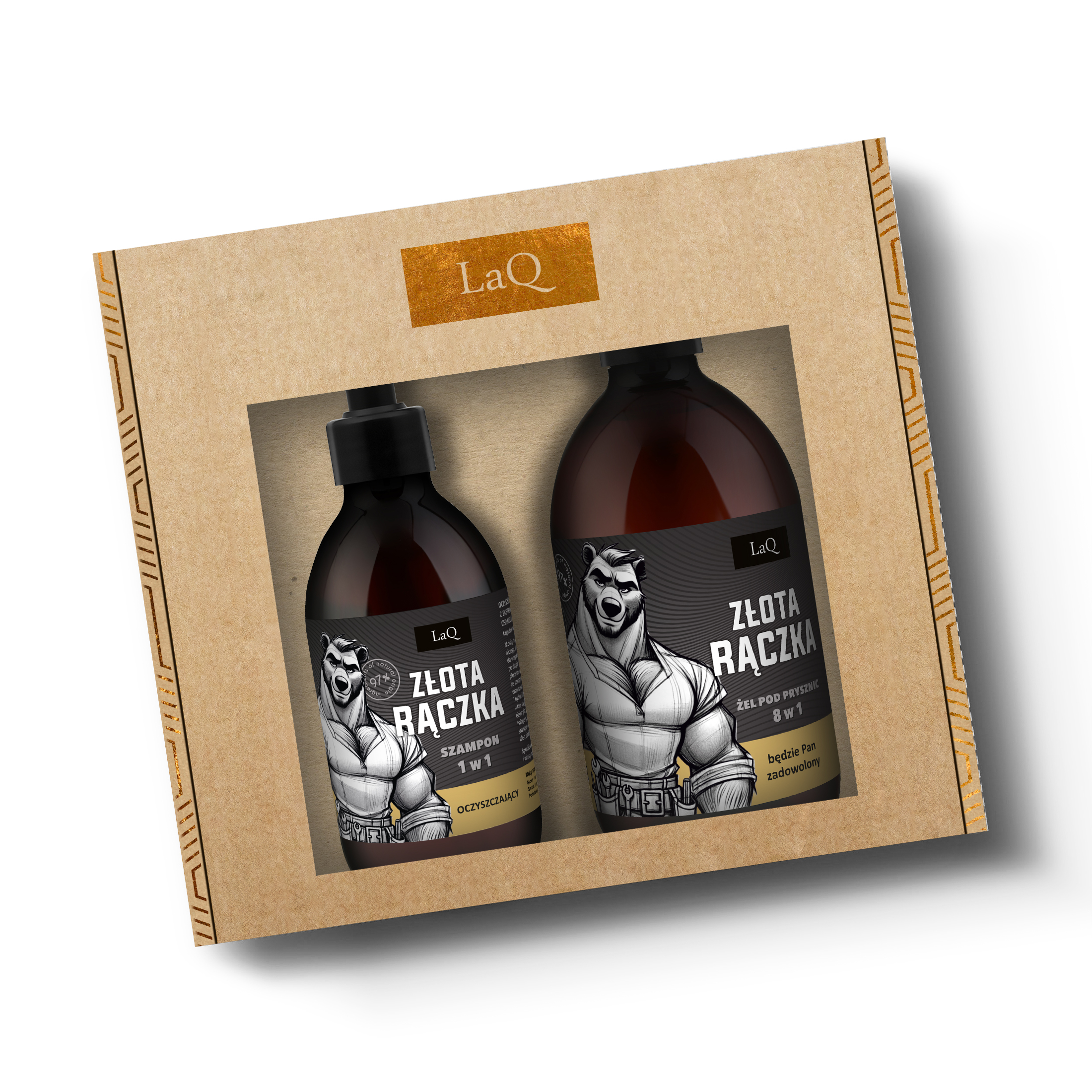 zestaw kosmetyków dla mżczyzn LaQ Złota Rączka zawierający żel pod prysznic 500 ml oraz szampon 300 ml zapakowane w kartoniku prezentowy