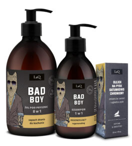 Zestaw kosmetyków dla mężczyzn LaQ Bad Boy zawierający żel pod prysznic 500 ml w butelce z pompką, szampon do włosów 300 ml w butelce z pompką oraz olej do brody w szklanej butelce 30 ml z pompką