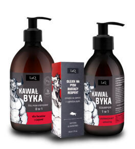 zestaw kosmetyków dla mężczyzny LaQ Kawał Byka zawiera żel pod prysznic 500 ml w butelce z pompką, szampon 300 ml w butelce z pompką oraz olej do brody 30 ml w szklanej butelce z pompką