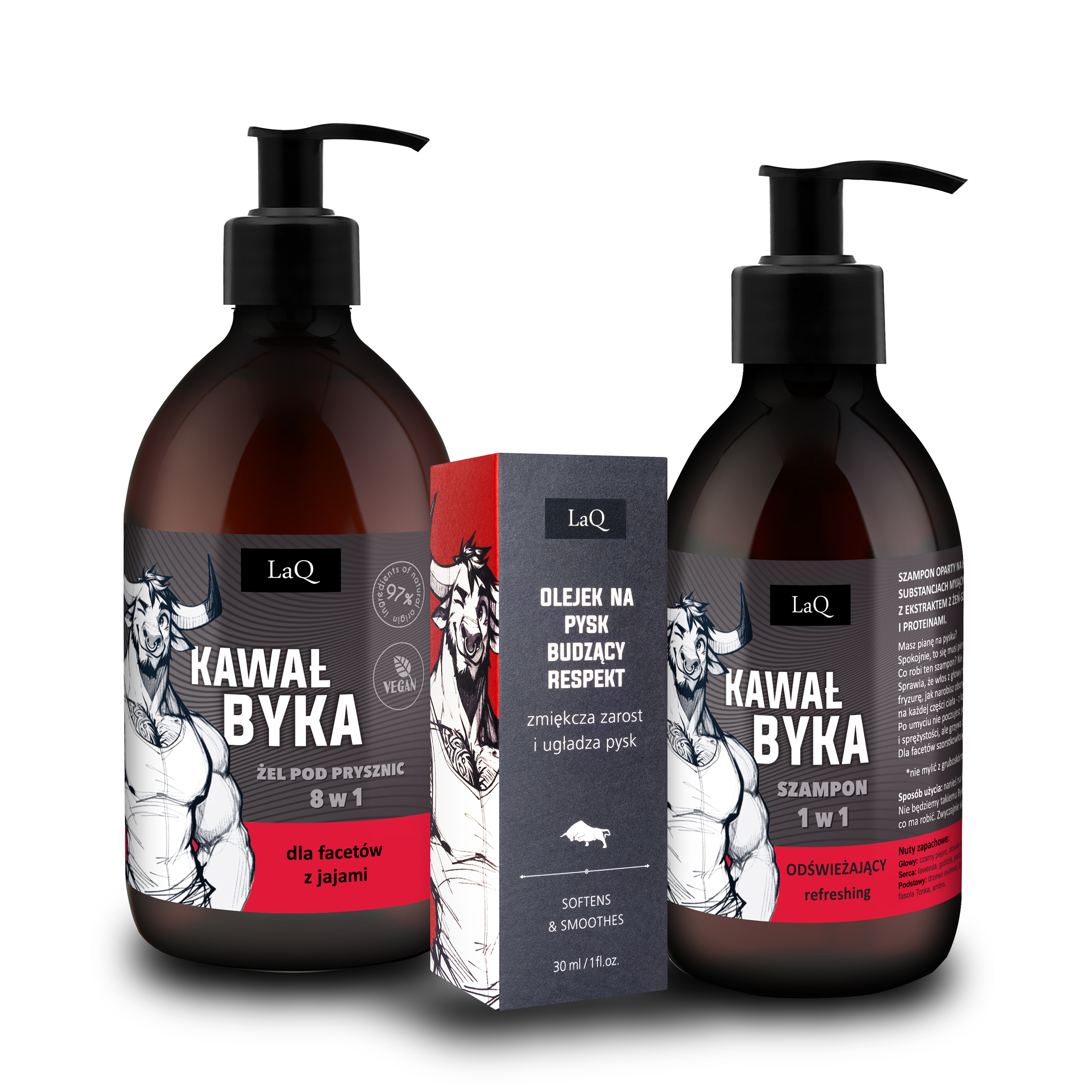 zestaw kosmetyków dla mężczyzny LaQ Kawał Byka zawiera żel pod prysznic 500 ml w butelce z pompką, szampon 300 ml w butelce z pompką oraz olej do brody 30 ml w szklanej butelce z pompką