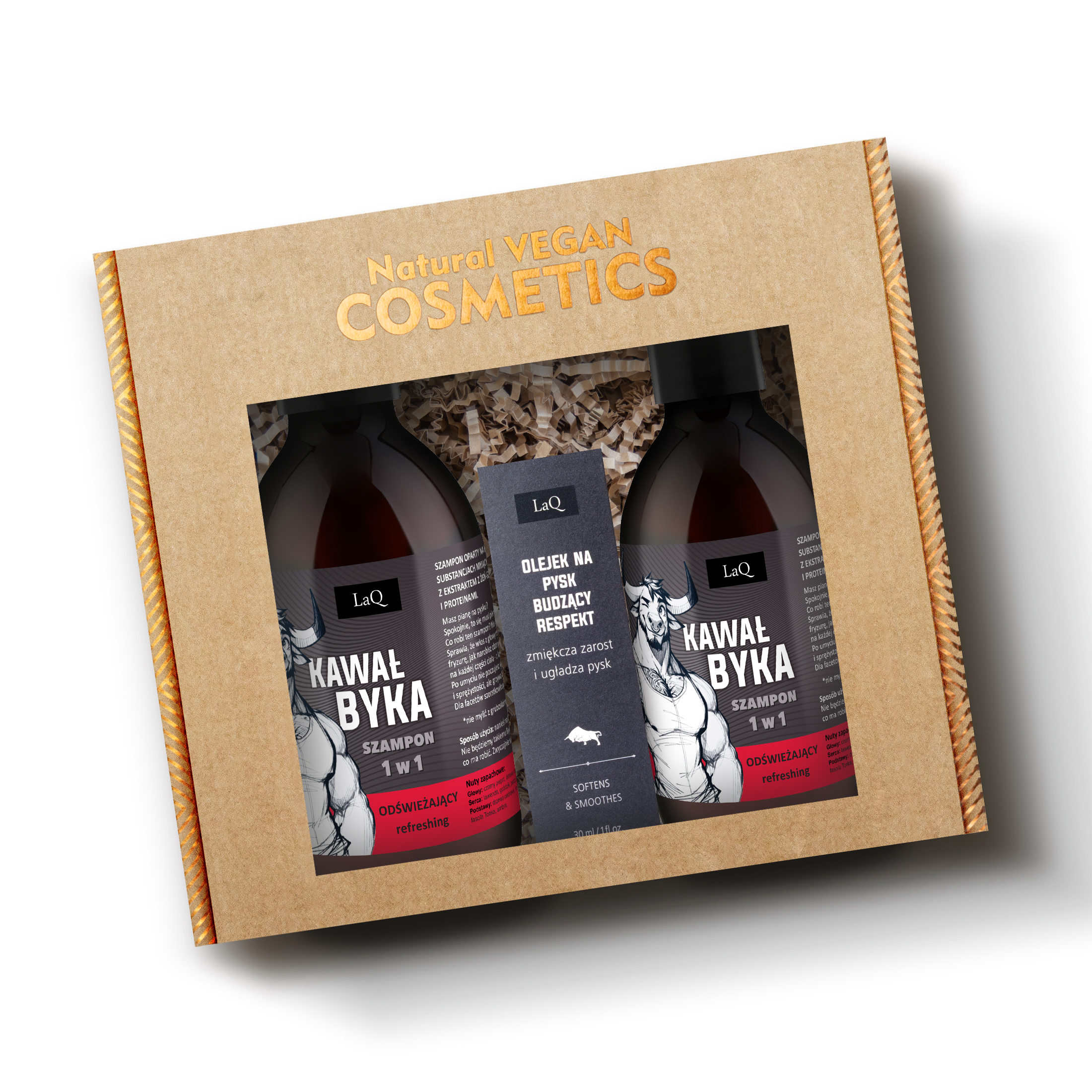 zestaw kosmetyków dla mężczyzny LaQ Kawał Byka zawiera żel pod prysznic 500 ml w butelce z pompką, szampon 300 ml w butelce z pompką oraz olej do brody 30 ml w szklanej butelce z pompką zapakowane w kartonik prezentowy z okienkiem