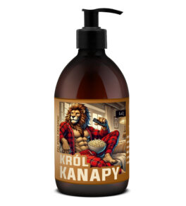 żel pod prysznic dla mężczyzn LaQ Król Kanapy 500 ml w brązowej butelce z pompką i etykietą z lwem na kanapie