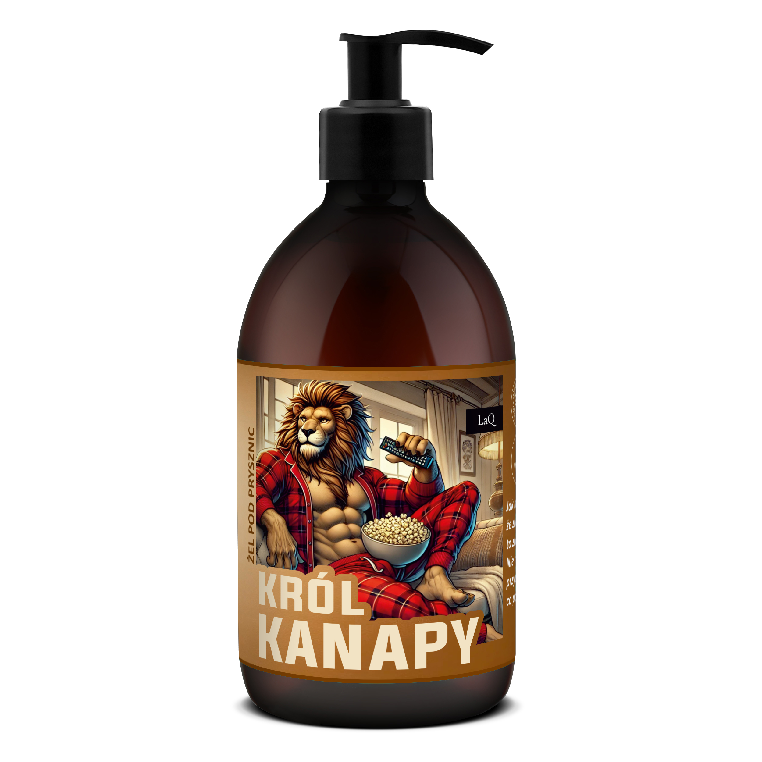 żel pod prysznic dla mężczyzn LaQ Król Kanapy 500 ml w brązowej butelce z pompką i etykietą z lwem na kanapie