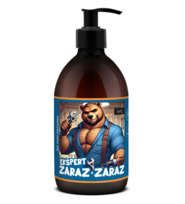 żel pod prysznic dla mężczyzn LaQ Ekspert Zaraz Zaraz w brązowej butelce 500 ml z pompką i etykietą z niedźwiedziem w koszuli, spodniach i szelkach