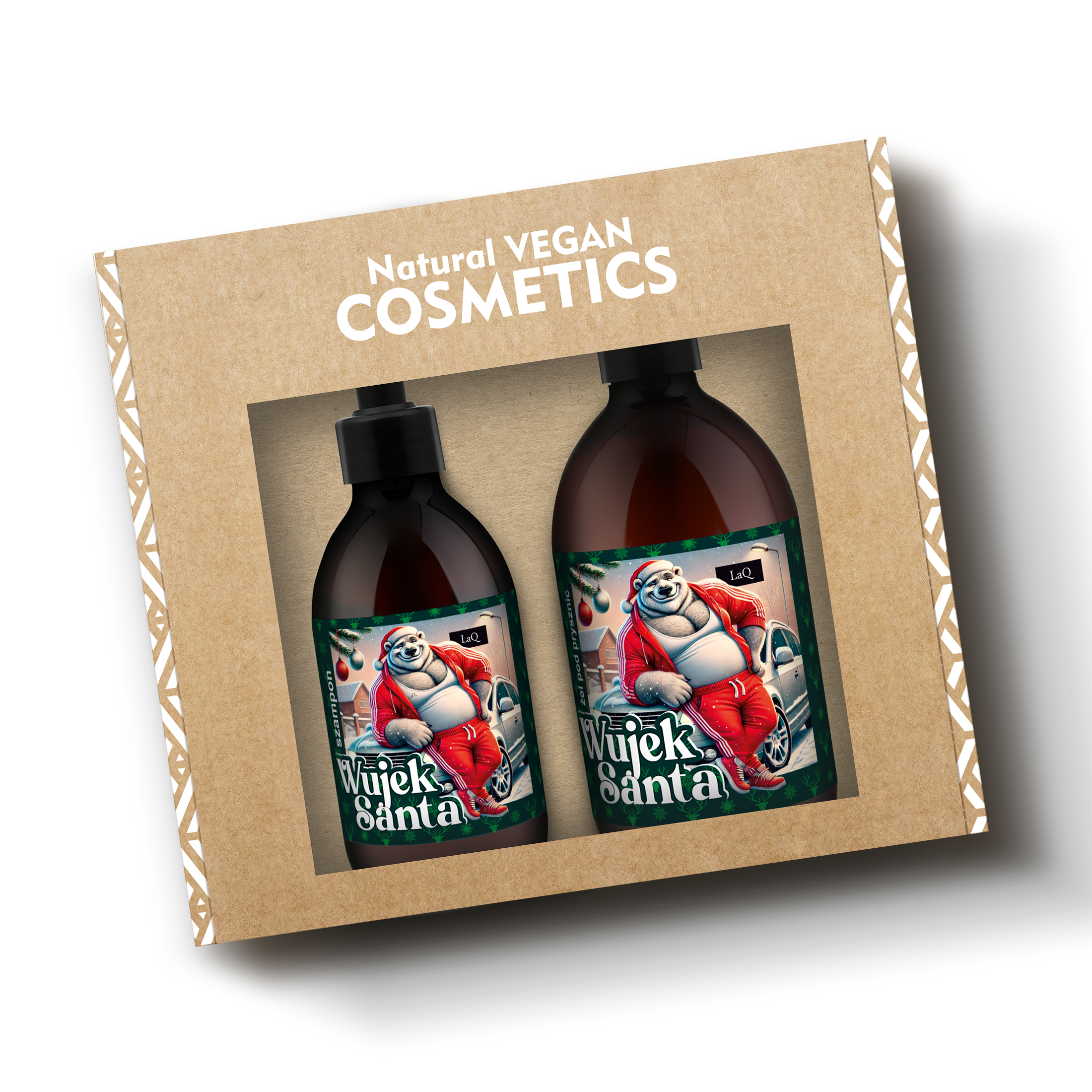zestaw kosmetyków dla mężczyzn marki LaQ Wujek Santa, zawiera żel pod prysznic 500 ml w butelce z pompką oraz szampon do włosów 300 ml w butelce z pompką, z etykietą misia w czerwonym dresie zapakowane w kartoniku prezentowym