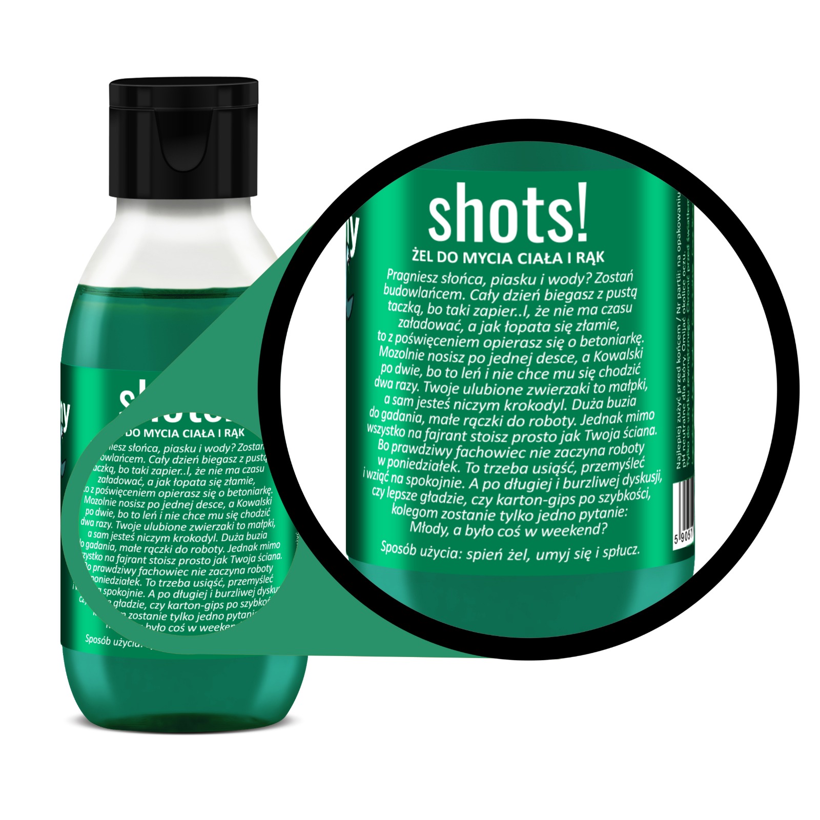 żel pod prysznic Shots! Będzie Pan Zadowolony 100 ml z zieloną etykietą z facetem-złotą rączką na etykiecie