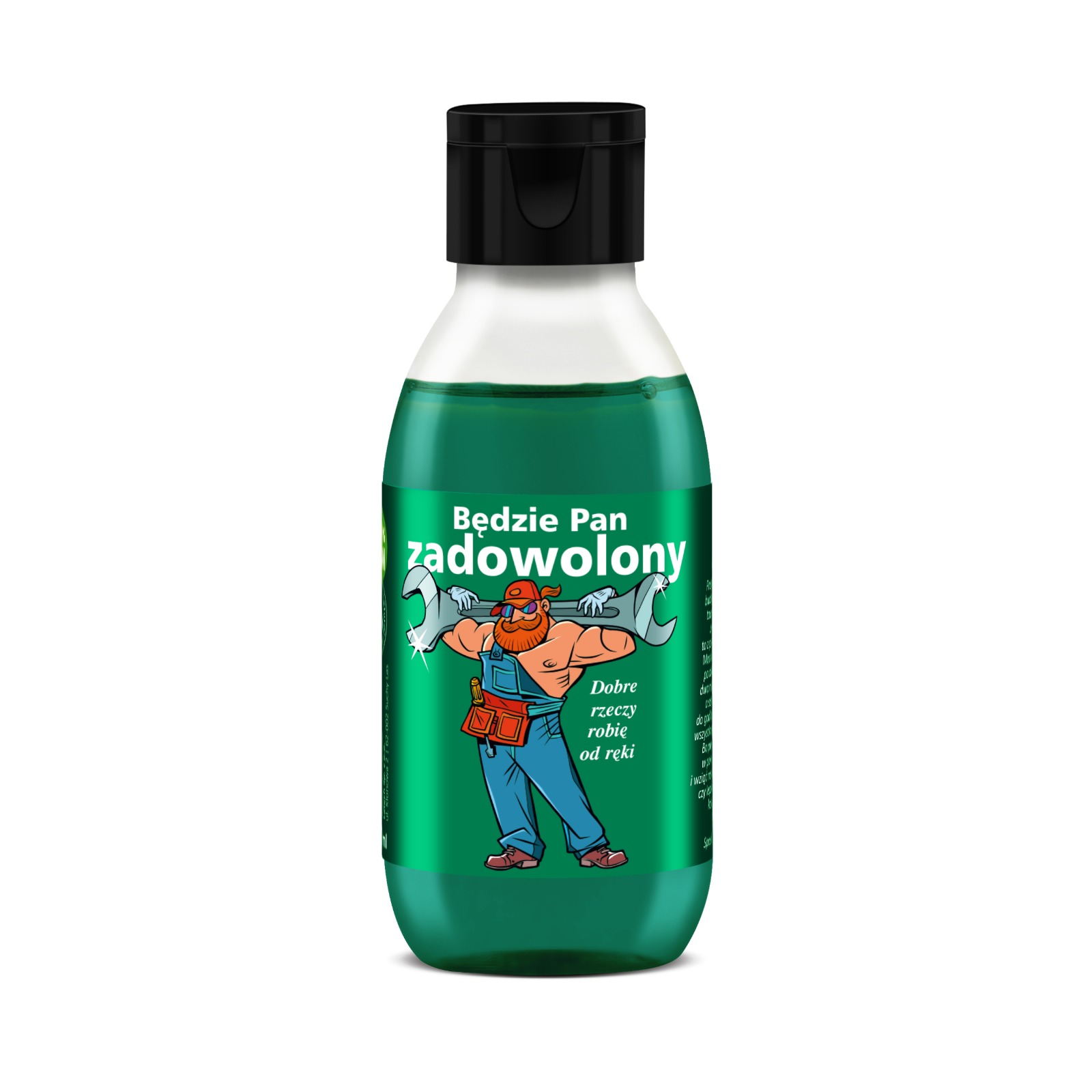 żel pod prysznic Shots! Będzie Pan Zadowolony 100 ml z zieloną etykietą z facetem-złotą rączką na etykiecie