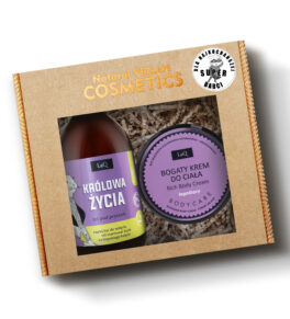 LaQ zestaw żel 500 ml Królowa Życia niezapominajka i bogaty krem do ciała łagodzący w kartoniku prezentowym z naklejką