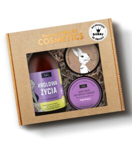 LaQ zestaw żel 500 ml Królowa Życia niezapominajka ,łgodzący mus do mycia twarzy oraz masełko do twrazy w kartoniku prezentowym z naklejką