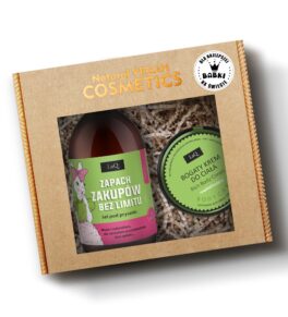 LaQ Zestaw żel 500 ml Zapach zakupów bez limitu Kiwi i Winogrona oraz bogaty krem do ciała rewitalizujący 220 g w kartoniku prezentowym na sianku