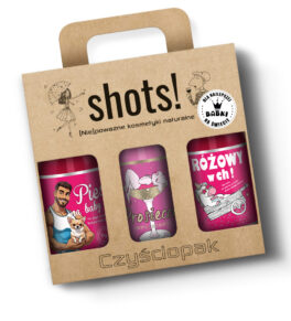 zestaw żeli Shots! 3x500 ml, zawiera żel pod prysznic Prosiecco, Różowy w Ch! oraz Krwawa Mary w kartoniku z uchwytem