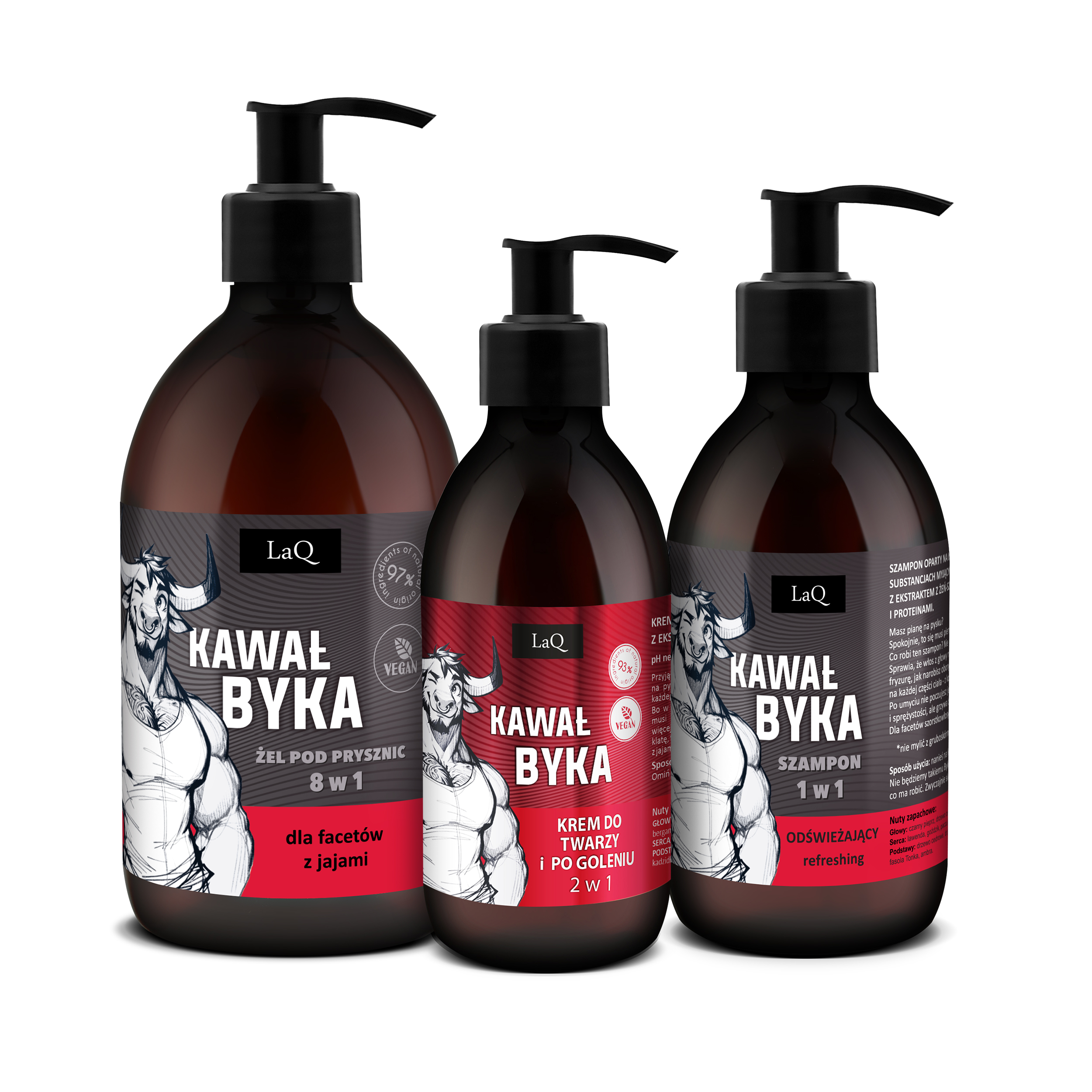 zestaw kosmetyków dla męczyzn LaQ Kawał Byka : zawieraz żel pod prysznic 500 ml w butelce z pompką, szmapon do włosów 300 ml w butelce z pompką oraz krem do twarzy i po goleniu 150 ml w butelce z pompką