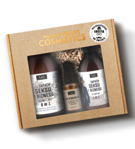 zestaw kosmetyków dla męczyzn LaQ Zapach Seksu i Biznesu w kartyoniku prezentowym z naklejką: zawieraz żel pod prysznic 500 ml w butelce z pompką, szmapon do włosów 300 ml w butelce z pompką oraz olej do brody i po goleniu 30 ml w butelce z pompką