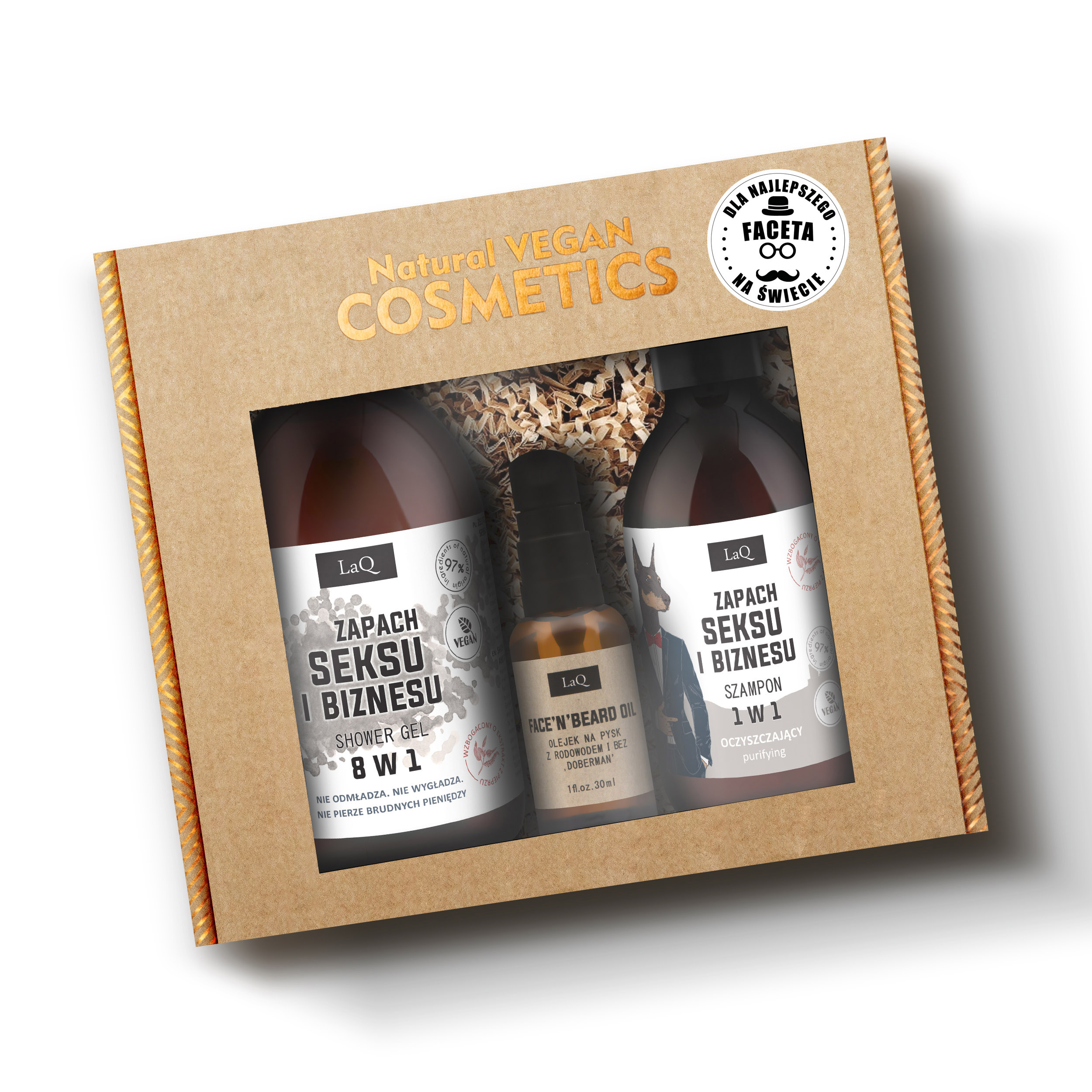 zestaw kosmetyków dla męczyzn LaQ Zapach Seksu i Biznesu w kartyoniku prezentowym z naklejką: zawieraz żel pod prysznic 500 ml w butelce z pompką, szmapon do włosów 300 ml w butelce z pompką oraz olej do brody i po goleniu 30 ml w butelce z pompką
