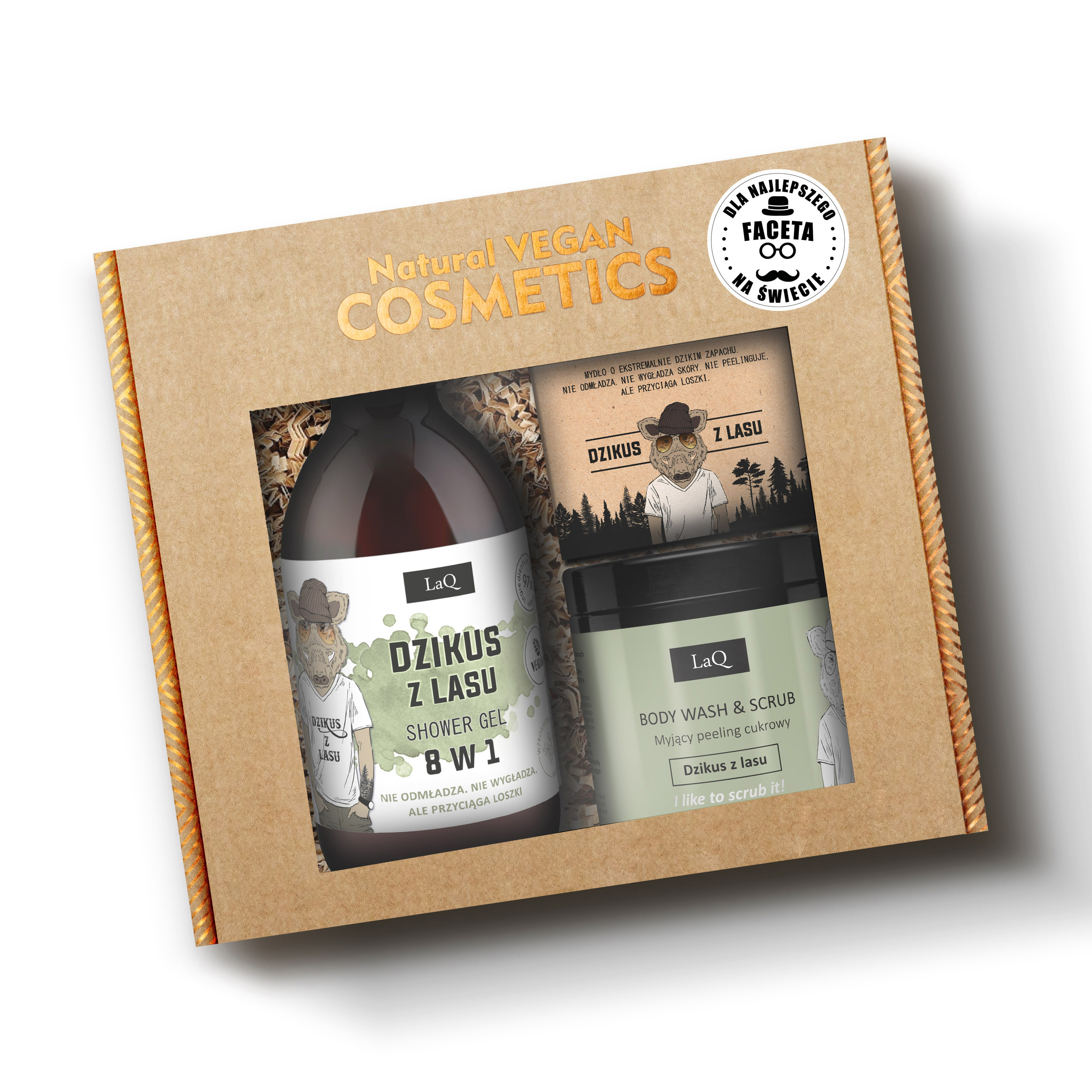 LaQ zestaw Dzikus z Lasu zawiera żel pod prysznic 300 ml, mydło w kostce 85 g oraz myjący peeling cukrowy 220 g