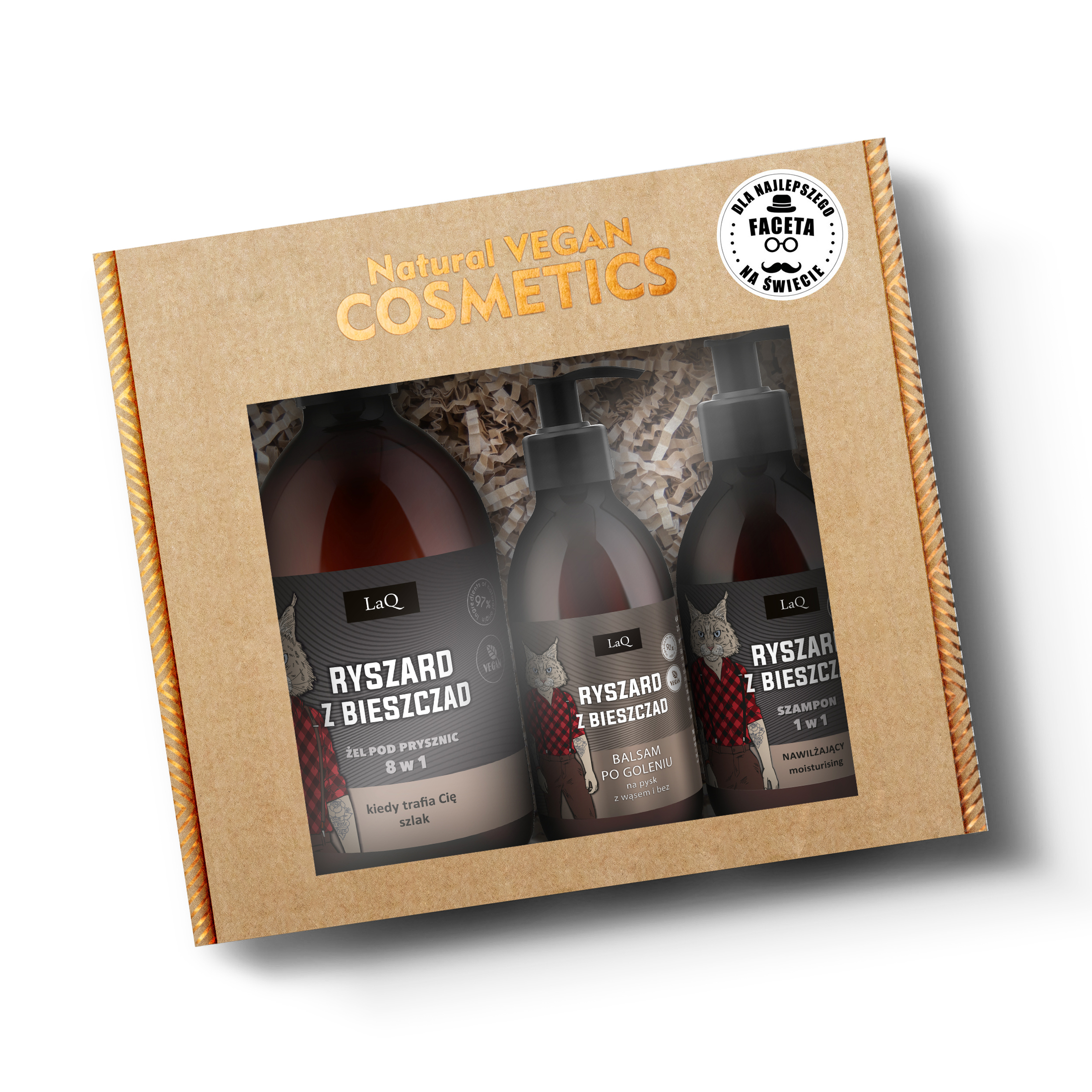 zestaw kosmetyków dla męczyzn LaQ Ryszard z Bieszczad w kartyoniku prezentowym z naklejką: zawieraz żel pod prysznic 500 ml w butelce z pompką, szmapon do włosów 300 ml w butelce z pompką oraz krem do twarzy i po goleniu 150 ml w butelce z pompką