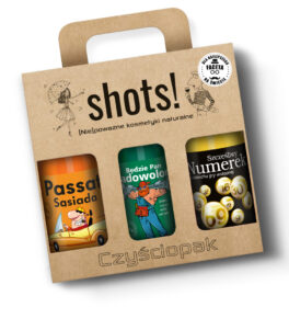 zestaw żeli Shots! 3x500 ml, zawiera żel pod prysznic Passat sąsiada, Będzie Pan Zadowolony oraz Szczęśliwy Numerek w kartoniku z uchwytem