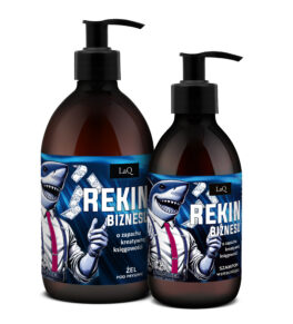 zestaw kosmetyków dla mżczyzn LaQ Rekin Biznesu zawierający żel pod prysznic 500 ml oraz szampon 300 ml