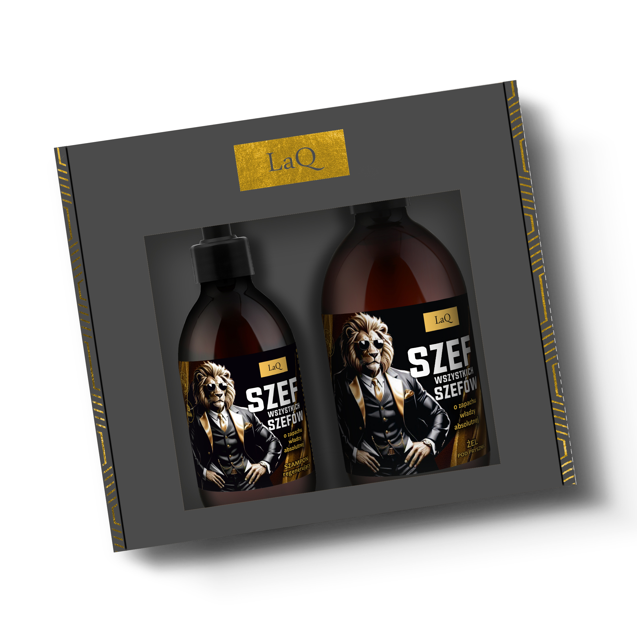 zestaw kosmetyków dla mżczyzn LaQ Szef Wszystkich Szefów zawierający żel pod prysznic 500 ml oraz szampon 300 mlzapakowane w czarny kartonik prezentowy