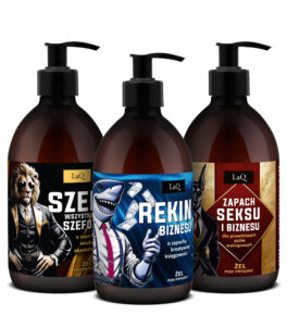 zestaw żeli pod prysznic dla mężczyzn marki LaQ 3x500 ml , zawiera żele Szef Wszystkich Szefw, Rekin Biznesu oraz Zapach Seksu i Biznesu