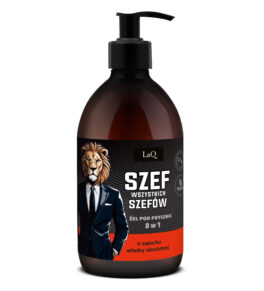 żel pod prysznic dla mężczyzn LaQ Szef Wszystkich Szefów w butelce 500 ml z pompką oraz etykietą z wizerunkiem lwa w garniturze