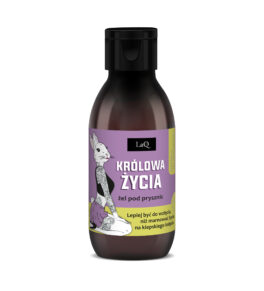 żel pod prysznic LaQ Królowa Życia niezapominajka w butelce travel size 100 z fioletową etykietą z króliczkiem