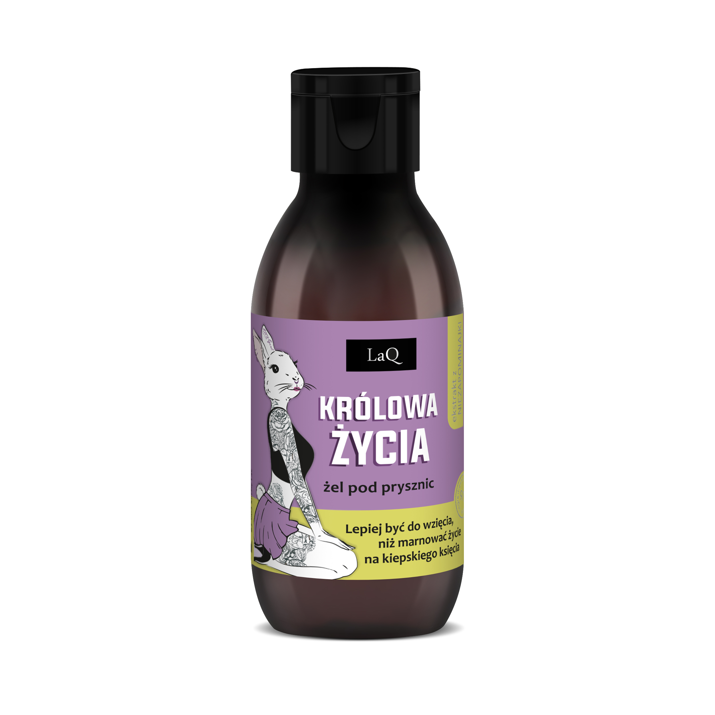 żel pod prysznic LaQ Królowa Życia niezapominajka w butelce travel size 100 z fioletową etykietą z króliczkiem