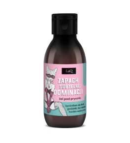 żel pod pryszniz LaQ Piwonia Zapach Subtelnej Dominacji 100 ml w brązowej butelce travel size i, etykieta z kotką w maskce i z pejczem na etykieci