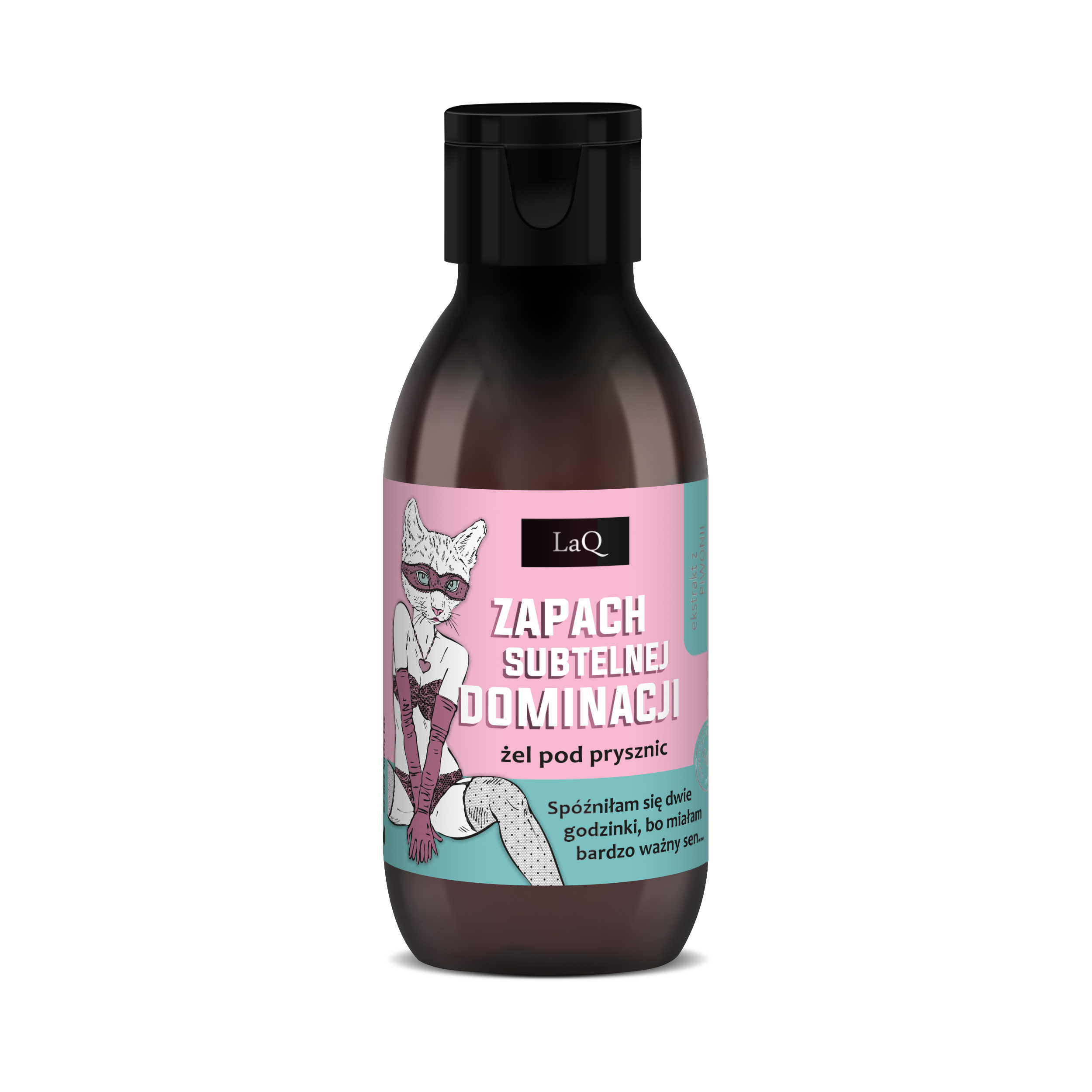 żel pod pryszniz LaQ Piwonia Zapach Subtelnej Dominacji 100 ml w brązowej butelce travel size i, etykieta z kotką w maskce i z pejczem na etykieci