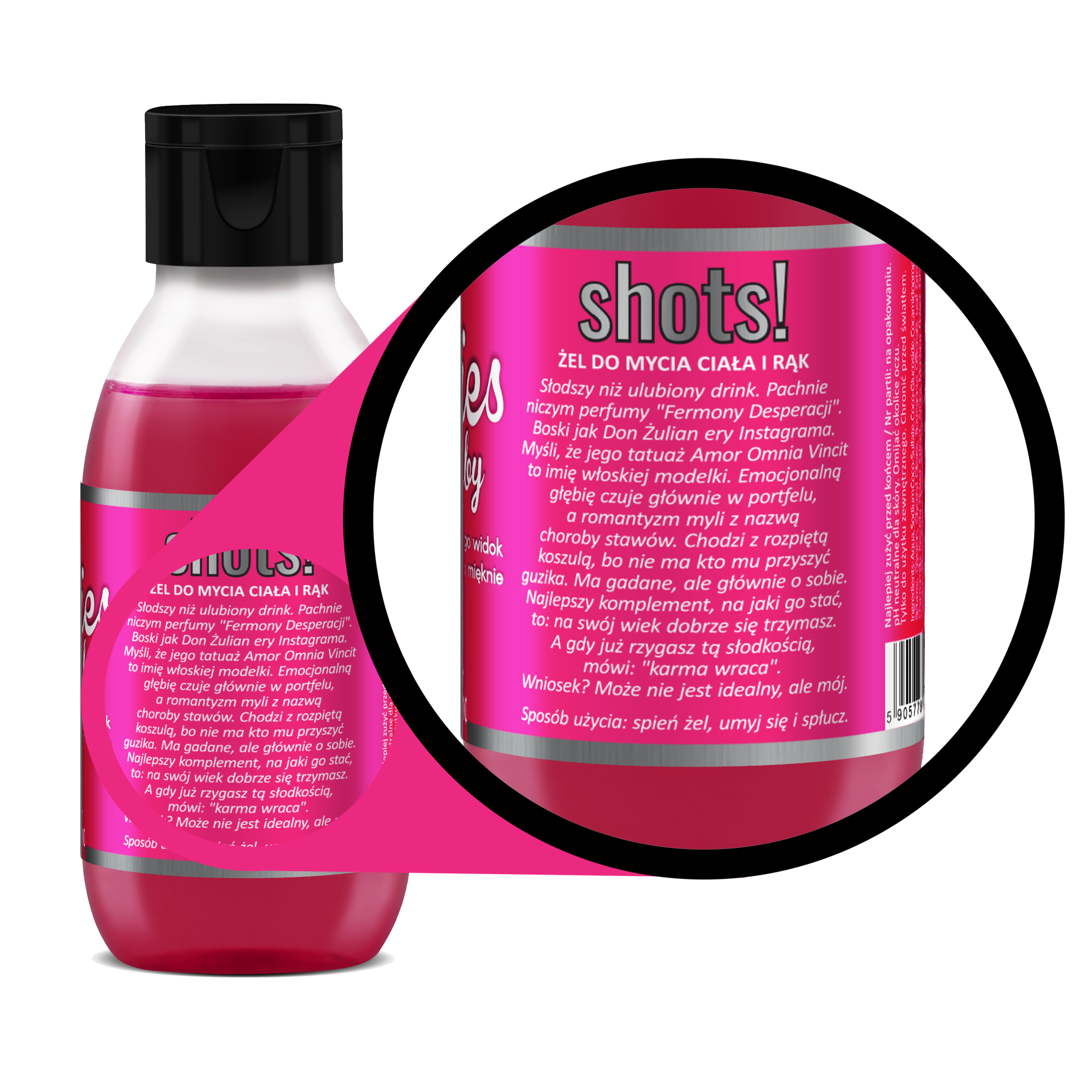 żel pod prysznic Shots! Pies Na Baby 100 ml z różową etykietą z facetem trzymającym psa na etykiecie na etykiecie, lupka etykiety