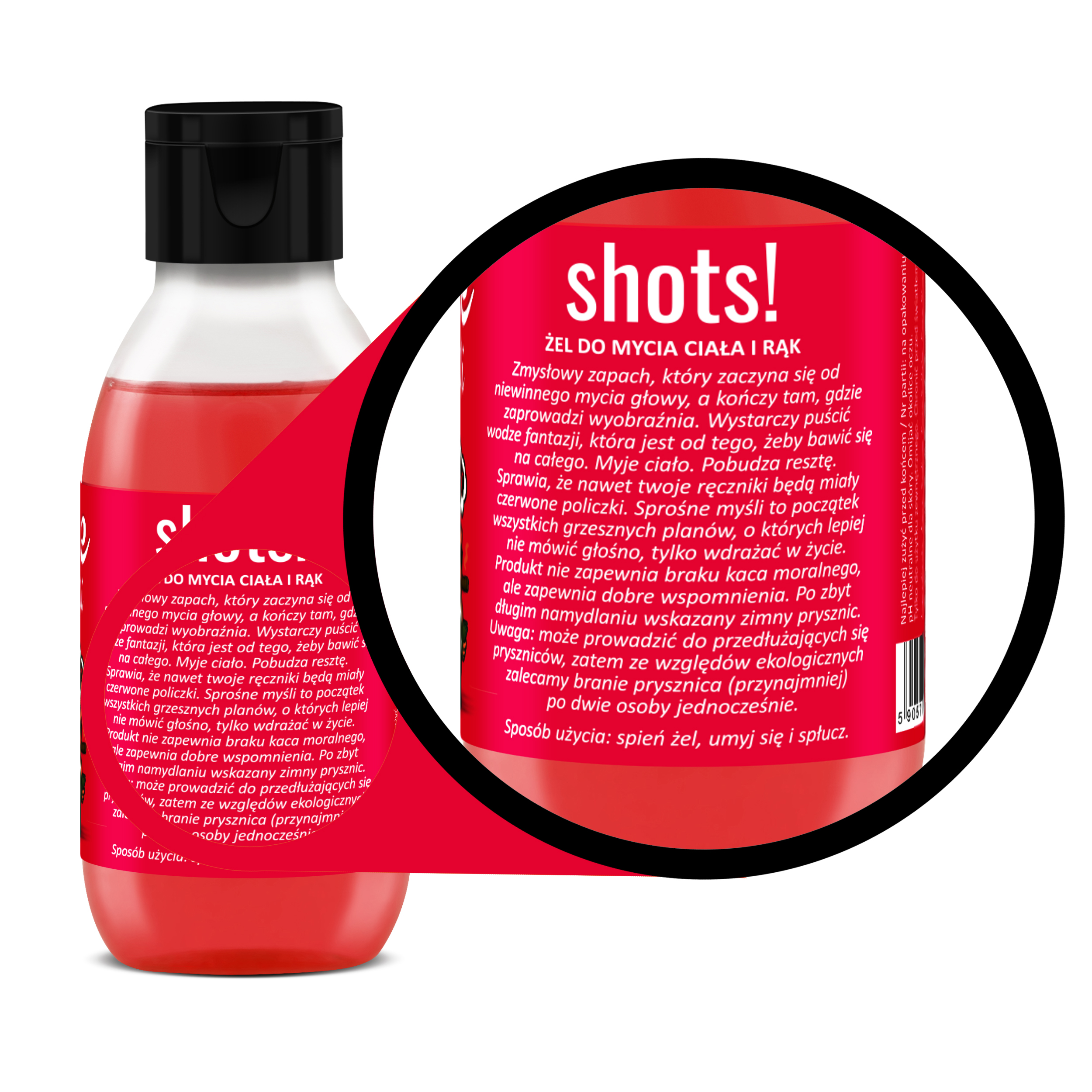 żel pod prysznic Shots! Sprośne Myśli 100 ml z czerwoną etykietą z świnkami na etykiecie na etykiecie-lupka etykiety