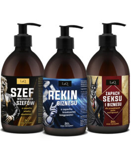 zestaw żeli pod prysznic dla mężczyzn marki LaQ 3x500 ml , zawiera żele Szef Wszystkich Szefw, Rekin Biznesu oraz Zapach Seksu i Biznesu