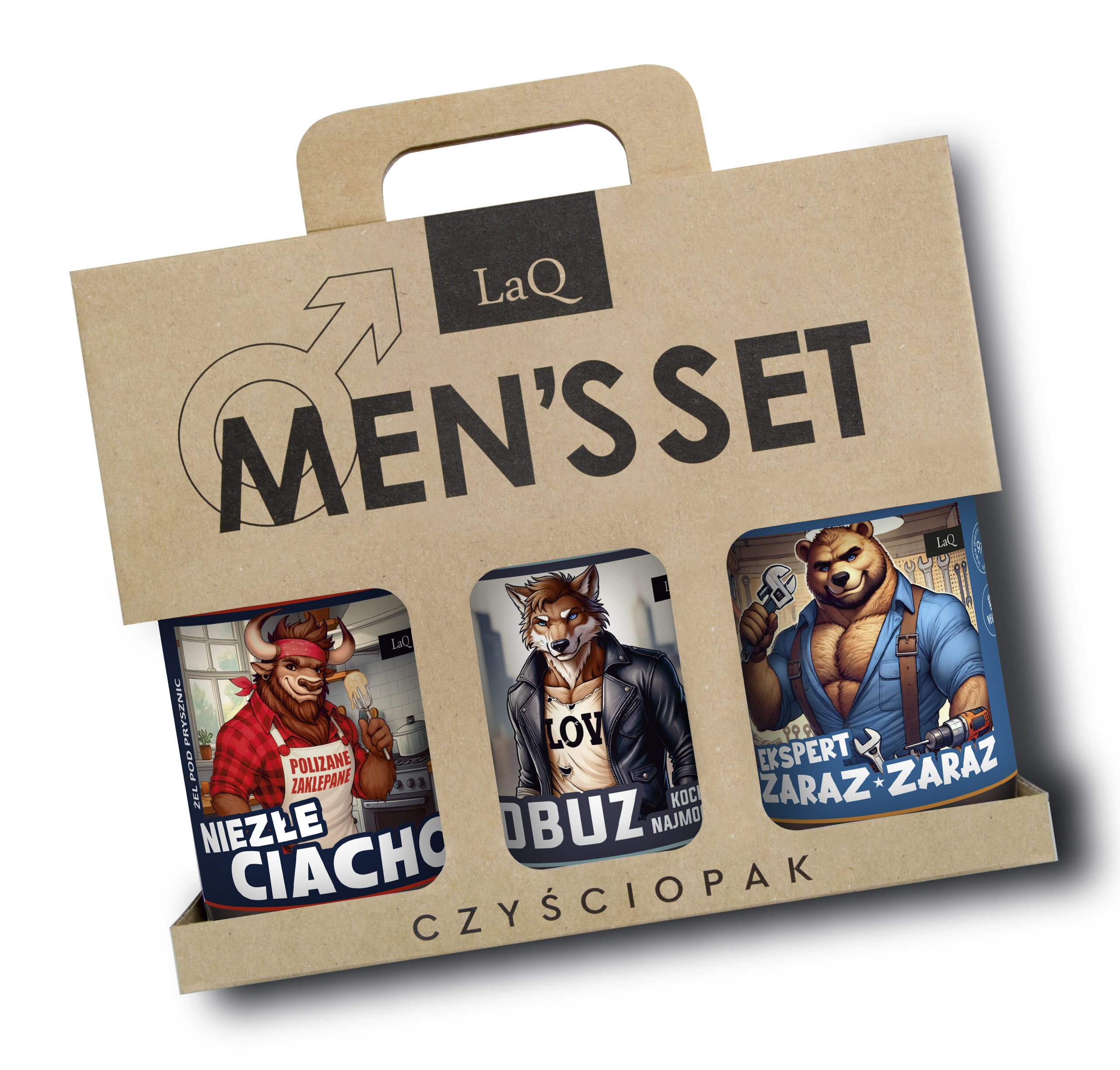 zestaw 3 żeli pod prysznic 500 ml dla mężczyzn LaQ zawieraz żel Nieze Ciacho, Łobuz Kocha Najmocniej oraz Ekspert Zaraz Zaraz zapakowane w kartonik prezentowy z uchwytem