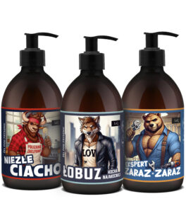 zestaw 3 żeli pod prysznic 500 ml dla mężczyzn LaQ zawieraz żel Nieze Ciacho, Łobuz Kocha Najmocniej oraz Ekspert Zaraz Zaraz