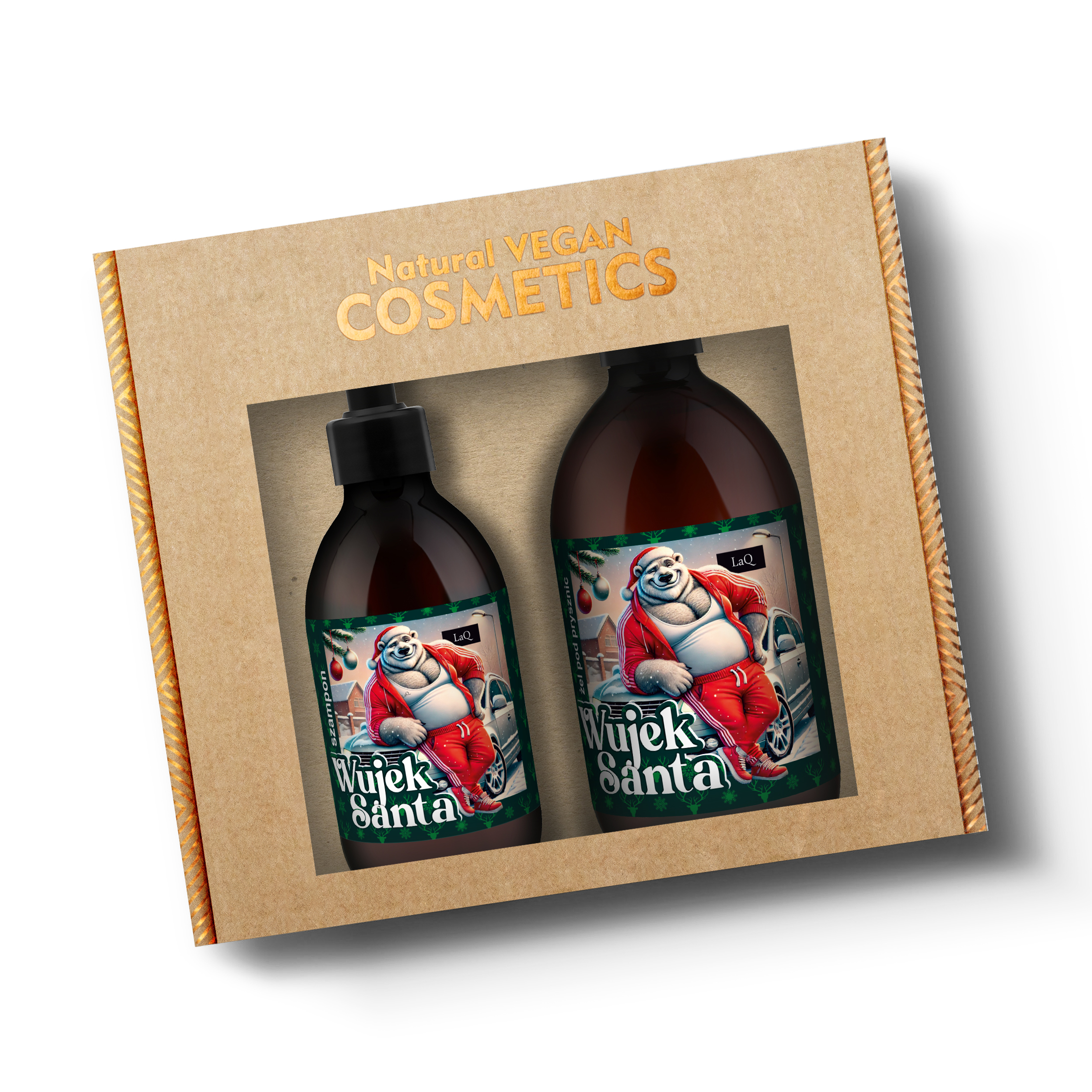 zestaw kosmetyków dla mężczyzn marki LaQ Wujek Santa, zawiera żel pod prysznic 500 ml w butelce z pompką oraz szampon do włosów 300 ml w butelce z pompką, z etykietą misia w czerwonym dresie zapakowane w kartoniku prezentowym