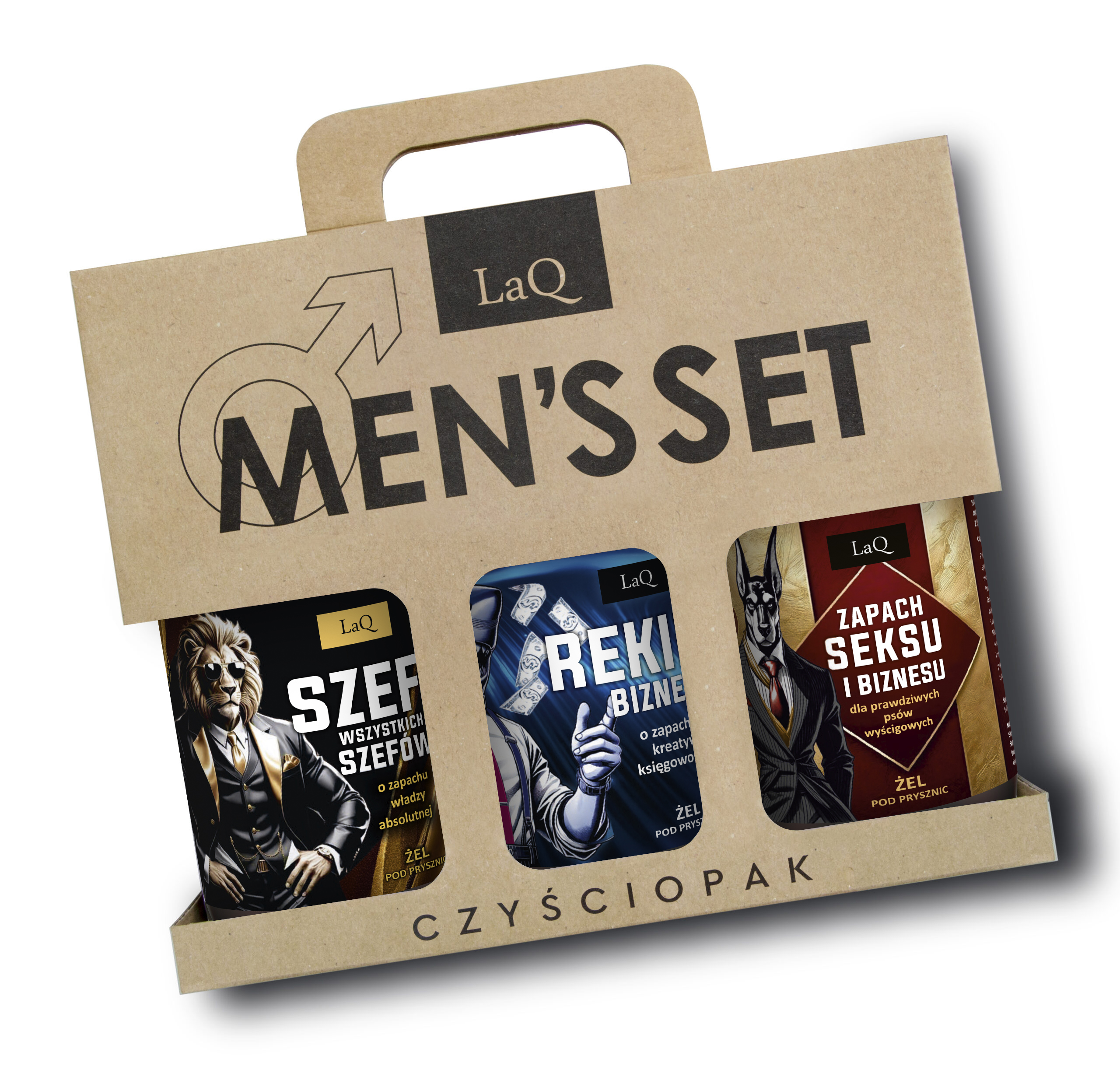 zestaw żeli pod prysznic dla mężczyzn marki LaQ 3x500 ml , zawiera żele Szef Wszystkich Szefw, Rekin Biznesu oraz Zapach Seksu i Biznesu w kartoniku z uchwytem