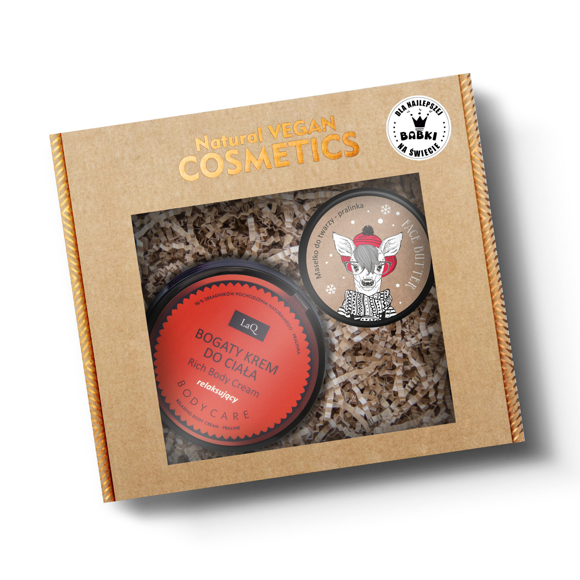 LaQ zestaw Pralinka bogaty krem do ciała relaksujący 220 g oraz masełko do twarzy w słoiczku 50 ml zapakoane w kartoniku na sianku