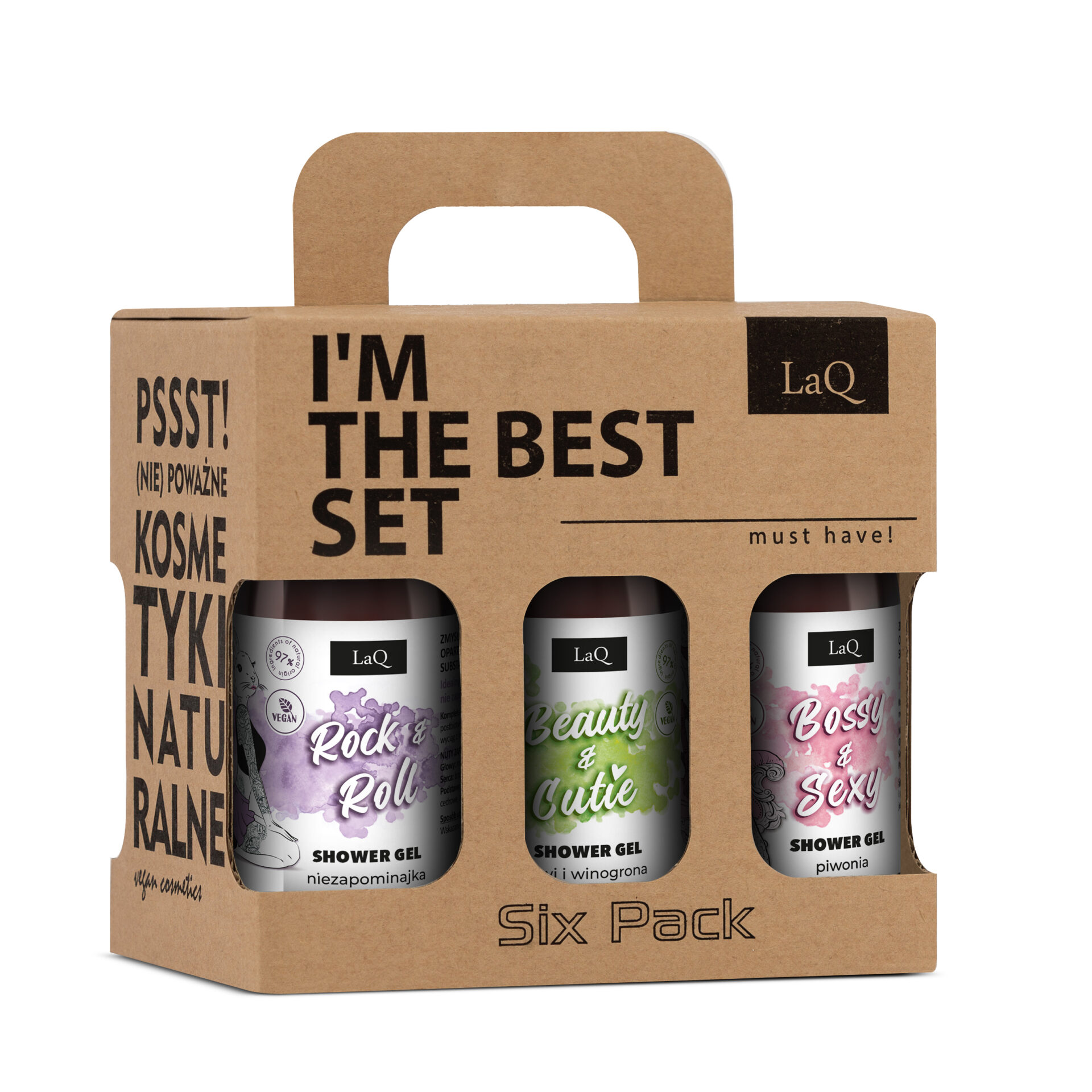 zapakowanezestaw damskich żeli pod prysznic LaQ 6 x 100 ml, zawiera żel Niezapominajka, Kiwi i Winogrona oraz Piwonia zapakowane w kartoniku prezentowym