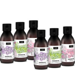 zestaw damskich żeli pod prysznic LaQ 6 x 100 ml, zawiera żel Niezapominajka, Kiwi i Winogrona oraz Piwonia