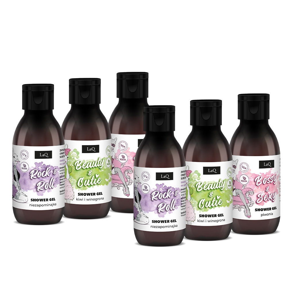 zestaw damskich żeli pod prysznic LaQ 6 x 100 ml, zawiera żel Niezapominajka, Kiwi i Winogrona oraz Piwonia