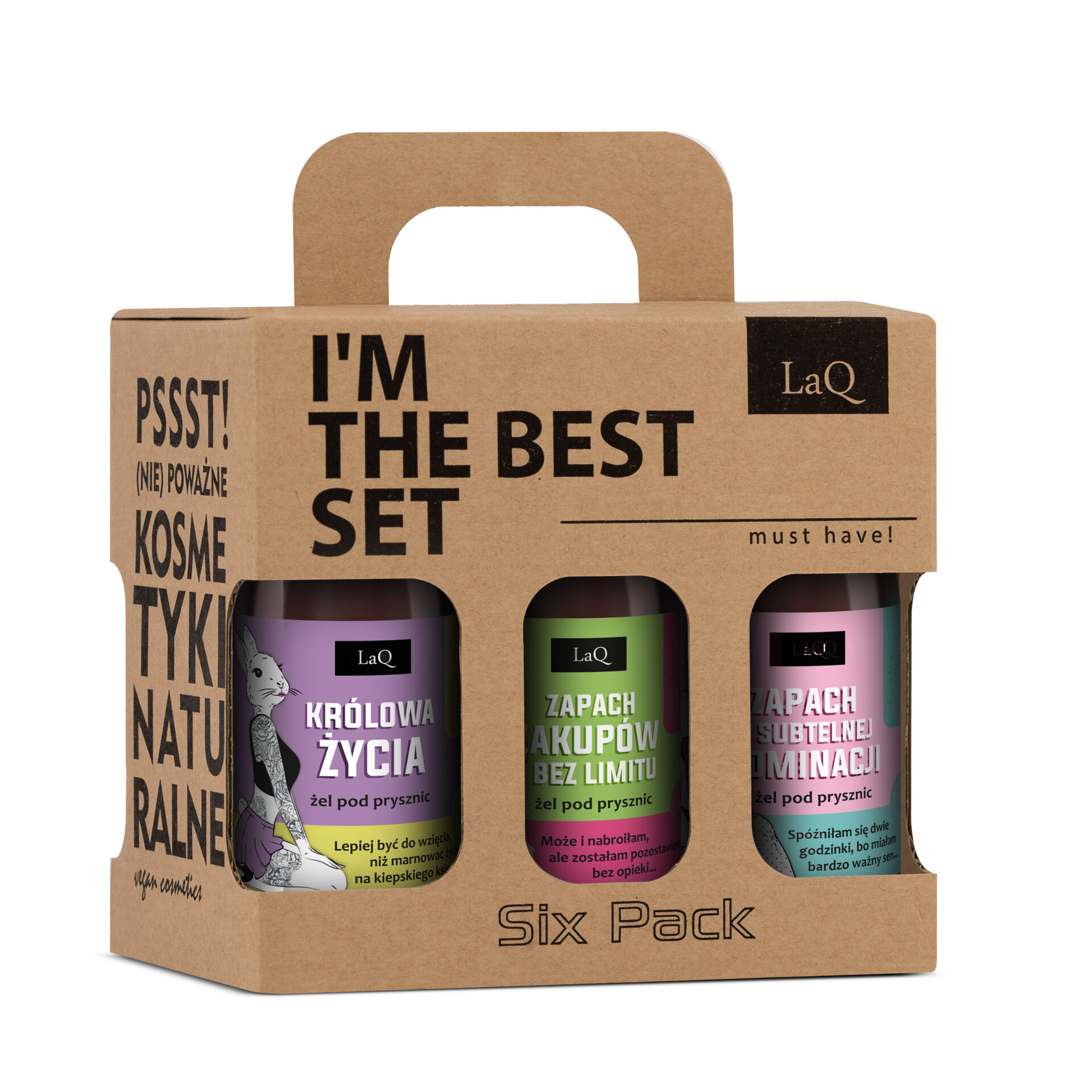 zestaw 6 x 100 ml żeli damskich LaQ travel size w kartoniku prezentowym zawiera żel Niezapominajka, Kiwi i Winogrona oraz Piwonia