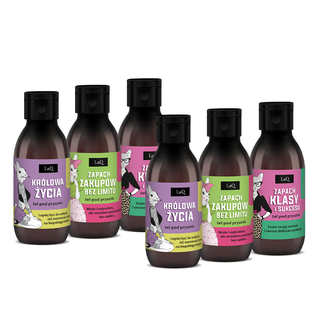 zestaw damskich żeli pod prysznic LaQ 6 x 100 ml, zawiera żel Niezapominajka, Kiwi i Winogrona oraz Piwonia