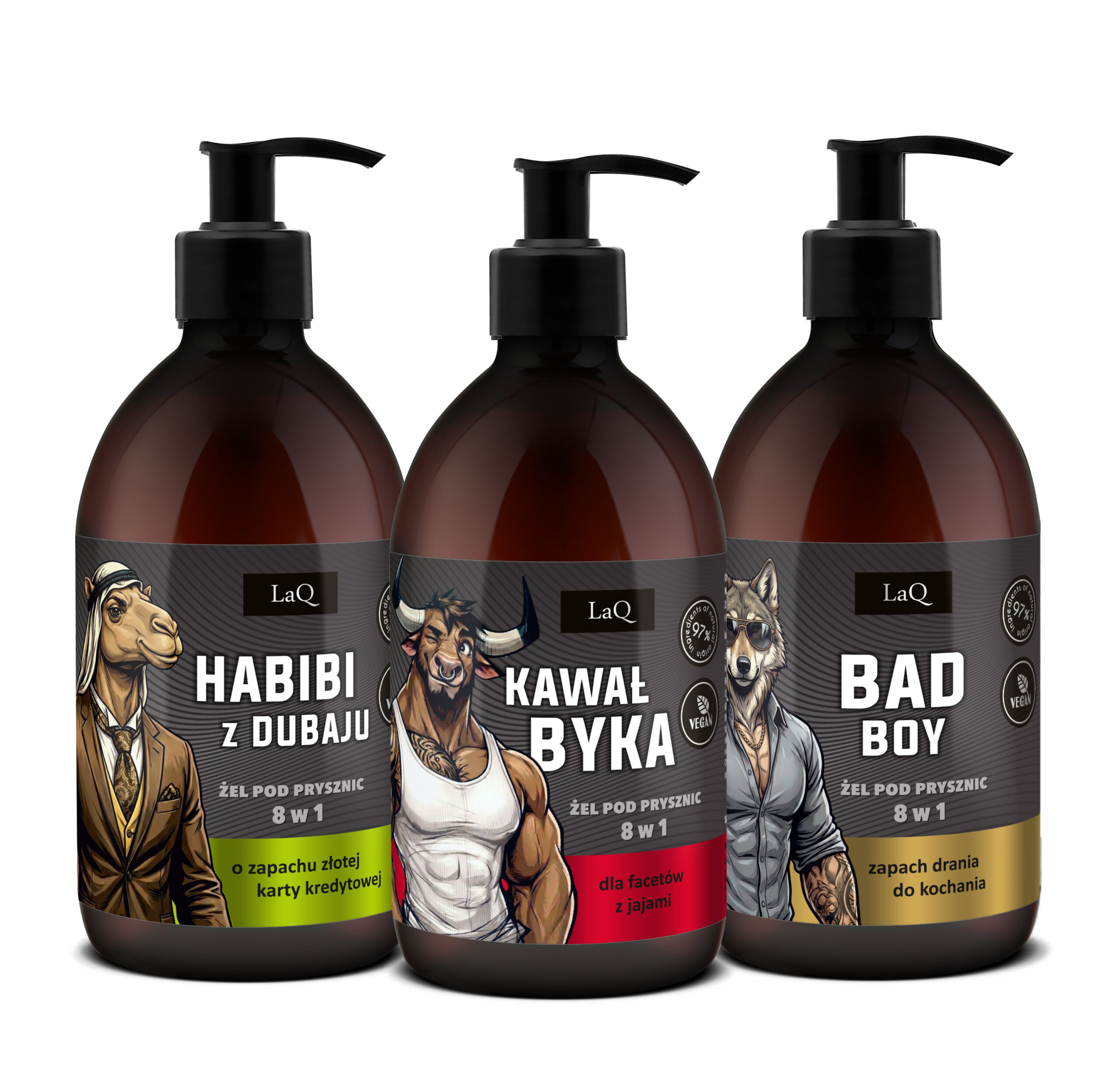 zestaw 3 x 500 ml żeli męskich LaQ zawiera żel pod prysznic Habibi z Dubaju, Kawał Byka oraz Bad Boy