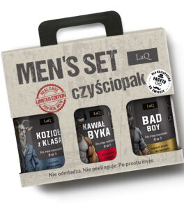 zestaw żeli pod prysznic dla mężczyzn marki LaQ 3x500 ml , zawiera żele Kawał Byka, Bad Boy oraz Kozioł z klasą w kartoniku prezentowym z uchwytem oraz naklejką DLA NAJLEPSZEGO FACETA
